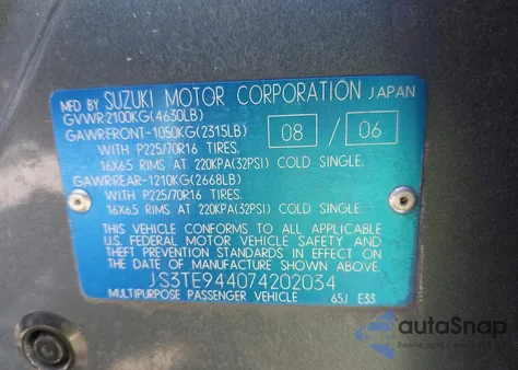 2007 Suzuki Grand Vitara Xsport from USA, damaged, VIN JS3TE944074202034